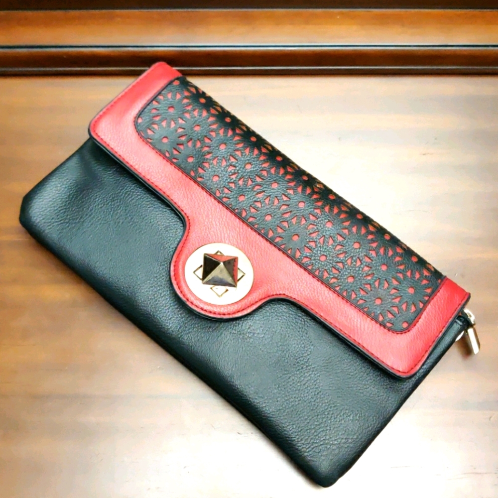 Leather black red evening party handbag